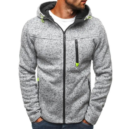 Stevvex men's grey heather fleece hoodie jacket with neon lime zipper pulls and chest pocket on Tampa Home & Garden Store