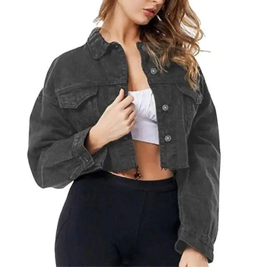 Stevvex cropped denim trucker jacket in dark gray with puff sleeves over a white crop top on Tampa Home & Garden Store