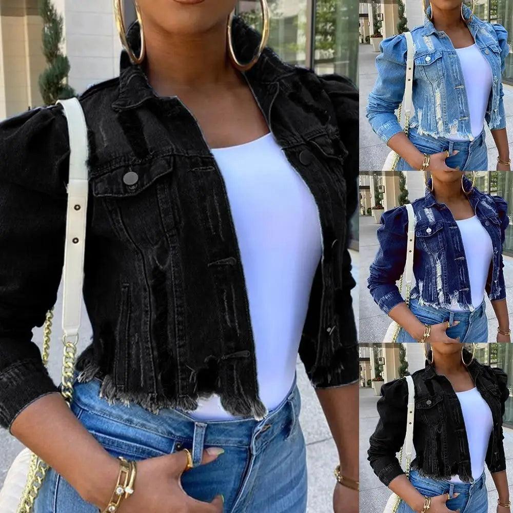Stevvex cropped ripped denim jacket set with 4 color options and puff sleeves on Tampa Home & Garden Store