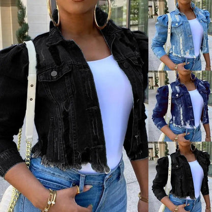 Stevvex cropped ripped denim jacket set with 4 color options and puff sleeves on Tampa Home & Garden Store