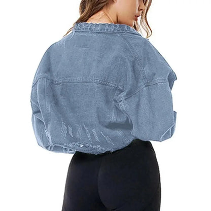 Denim trucker jacket by Stevvex, light blue oversized cropped with puff sleeves, back view on Tampa Home & Garden Store
