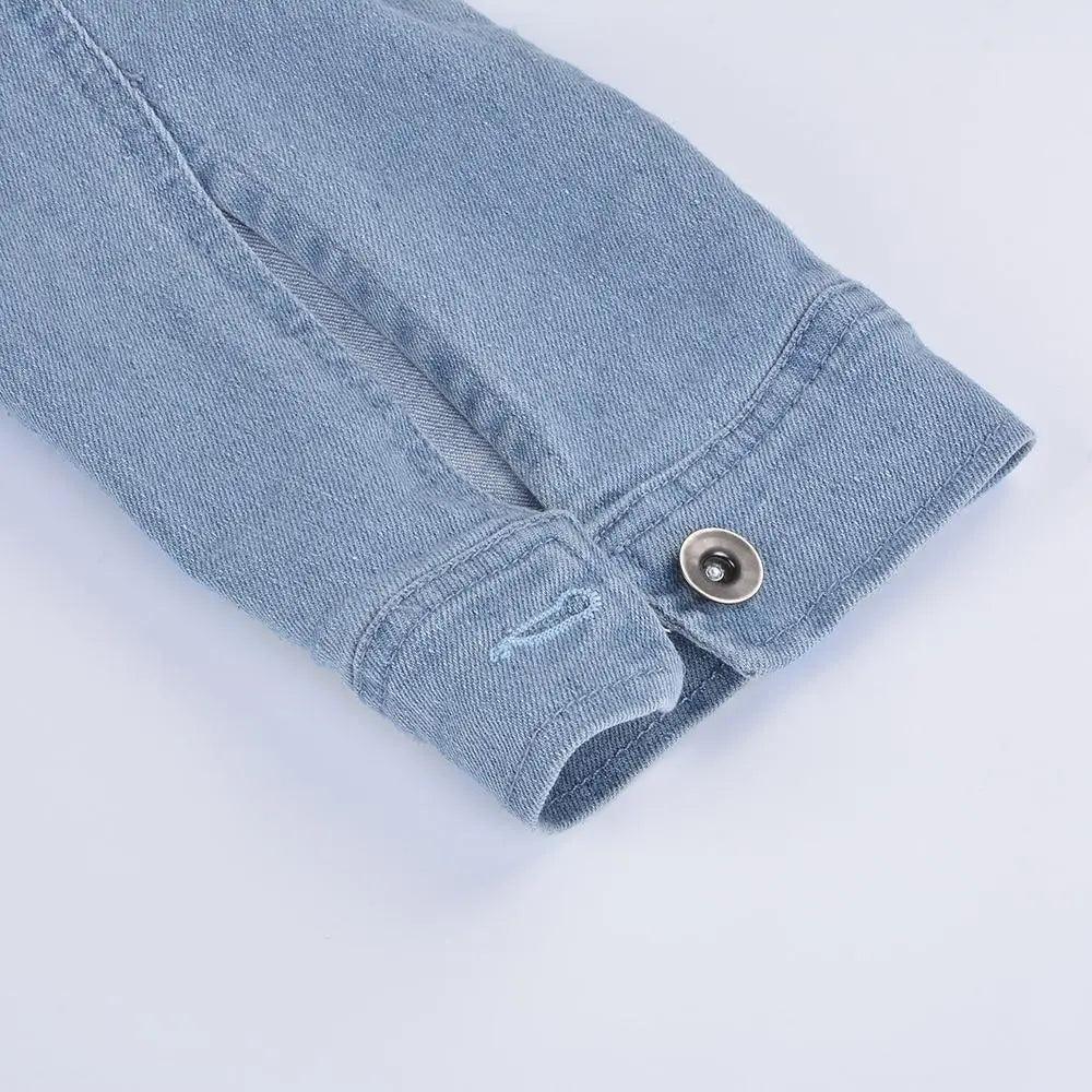 Stevvex denim trucker jacket cuff closeup with metal button, light wash short jean jacket on Tampa Home & Garden Store