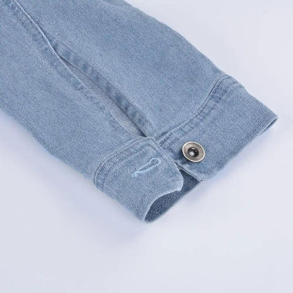 Stevvex denim trucker jacket cuff closeup with metal button, light wash short jean jacket on Tampa Home & Garden Store