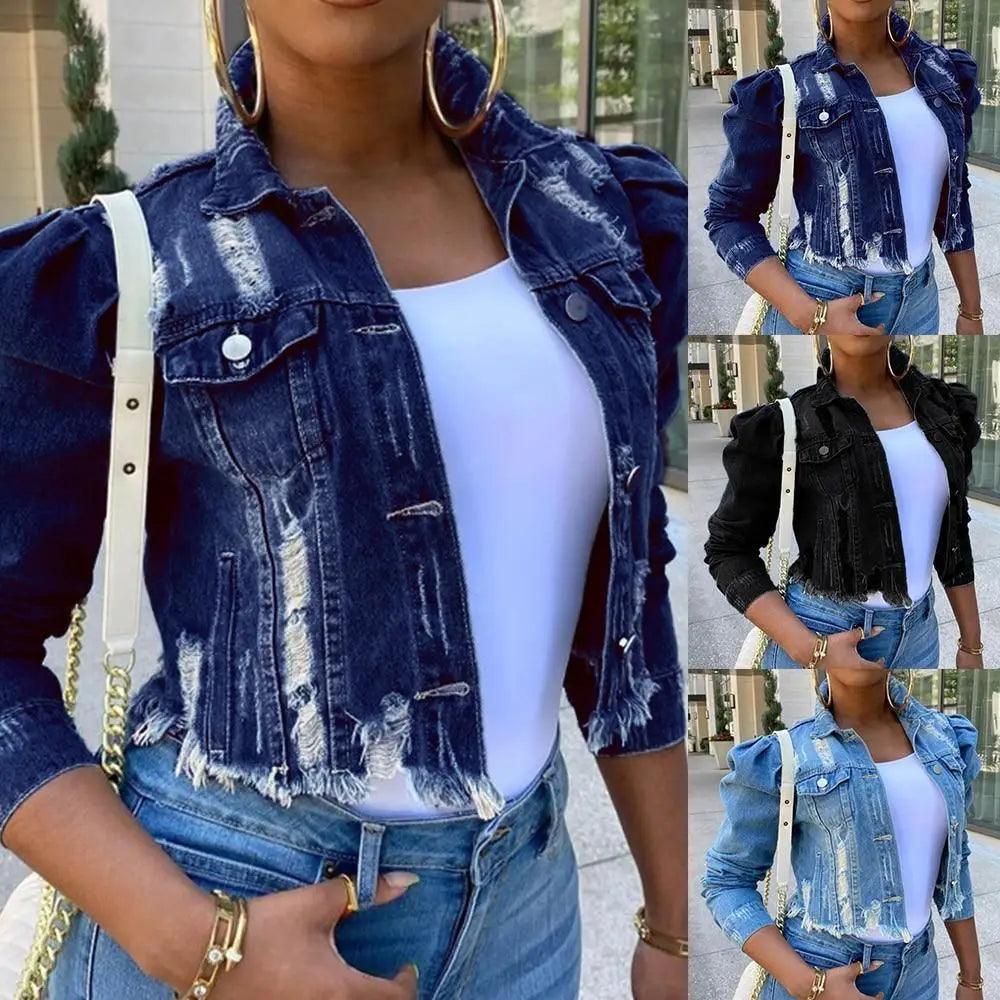 Stevvex cropped distressed trucker jacket in dark blue with frayed hem and puff sleeves on Tampa Home & Garden Store