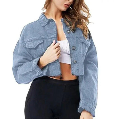 Cropped denim jacket Stevvex, light-blue trucker style with puff sleeves casual jean coat on Tampa Home & Garden Store