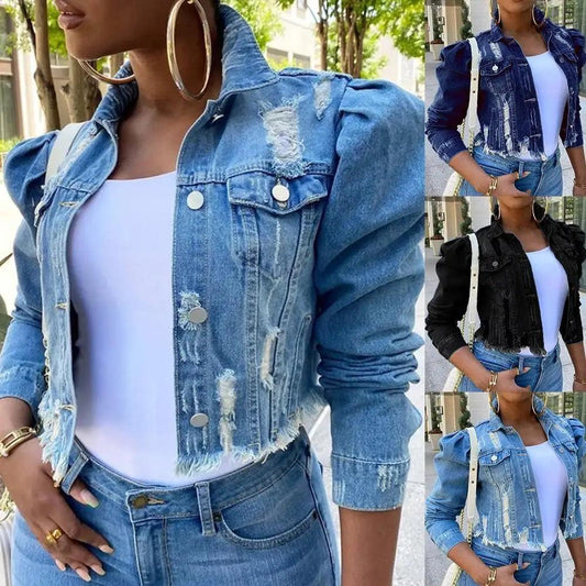 Stevvex cropped distressed denim trucker jackets set of 4 in blue and black with puff sleeves on Tampa Home & Garden Store