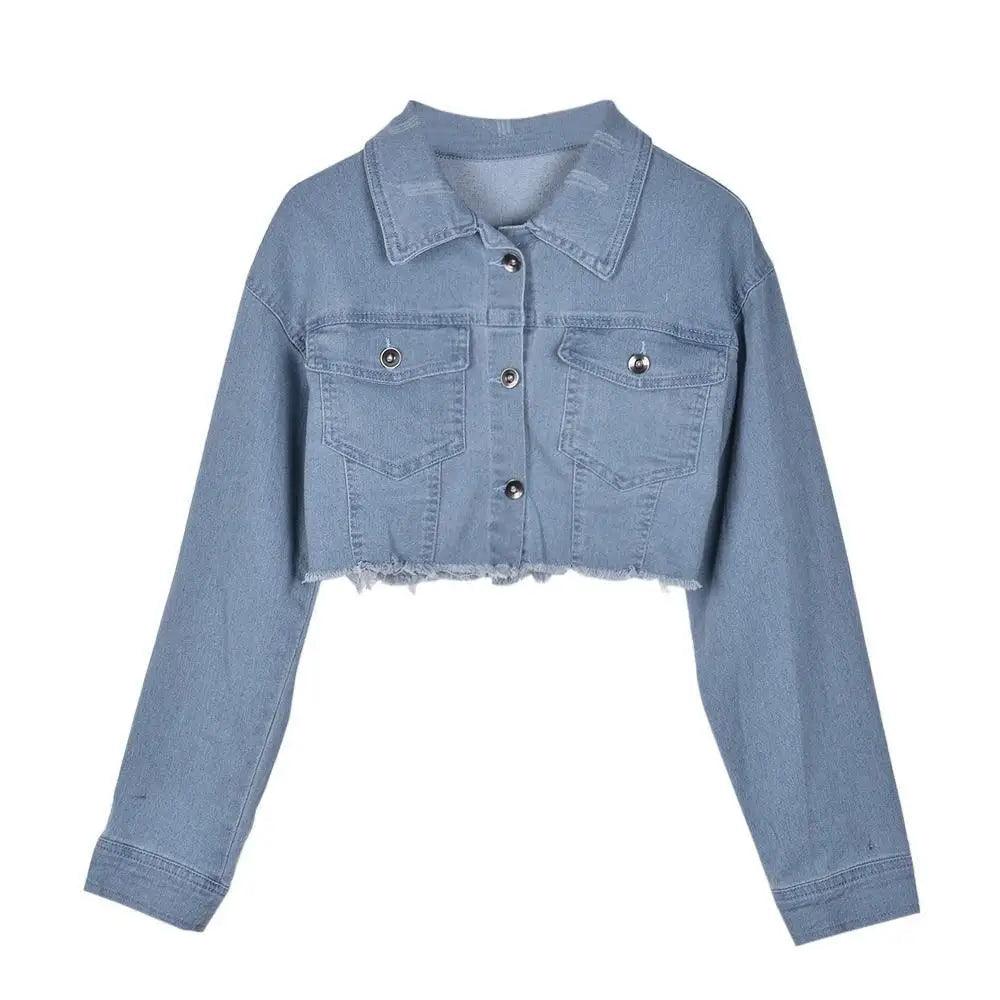 Stevvex cropped light blue denim trucker jacket with frayed hem and chest pockets on Tampa Home & Garden Store