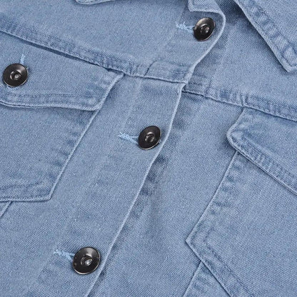Denim trucker jacket by Stevvex in light blue with pocket flaps and metal snaps on Tampa Home & Garden Store