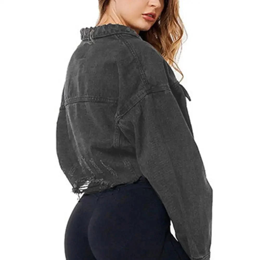 Ripped denim trucker jacket Stevvex dark grey cropped with frayed hem puff sleeves on model on Tampa Home & Garden Store