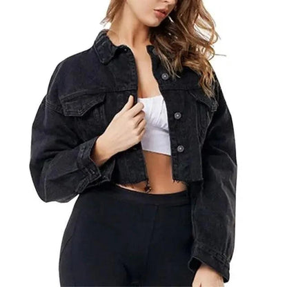 Cropped black denim trucker jacket with puff sleeves and frayed hem on Tampa Home & Garden Store