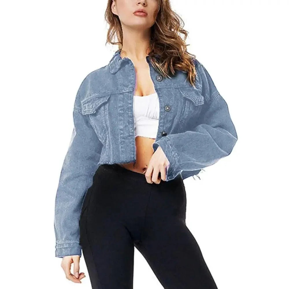 Stevvex ST93335OLD cropped light-blue denim trucker jacket with oversized puff sleeves on Tampa Home & Garden Store
