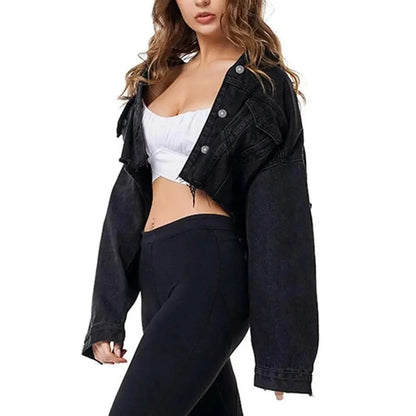 Stevvex black cropped ripped denim trucker jacket with puff sleeves worn over white crop top on Tampa Home & Garden Store