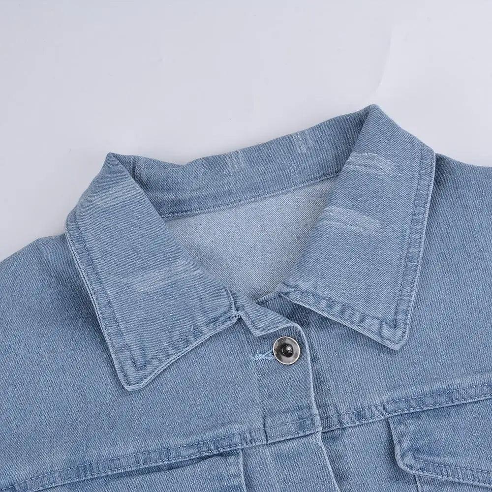 Stevvex light blue denim trucker jacket collar close up on Tampa Home & Garden Store