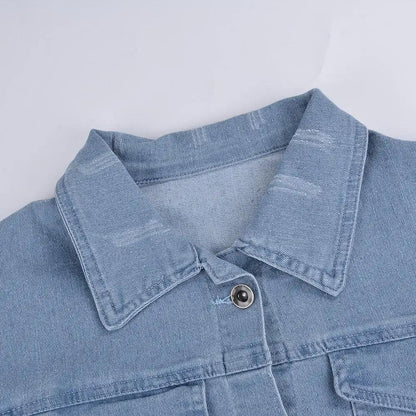 Stevvex light blue denim trucker jacket collar close up on Tampa Home & Garden Store