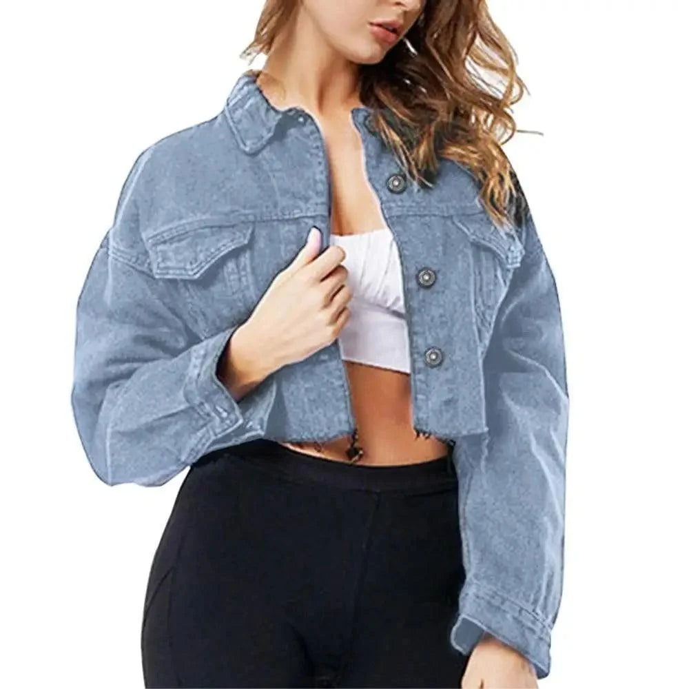 Cropped denim jacket puff sleeves in light blue washed denim trucker style Stevvex on Tampa Home & Garden Store