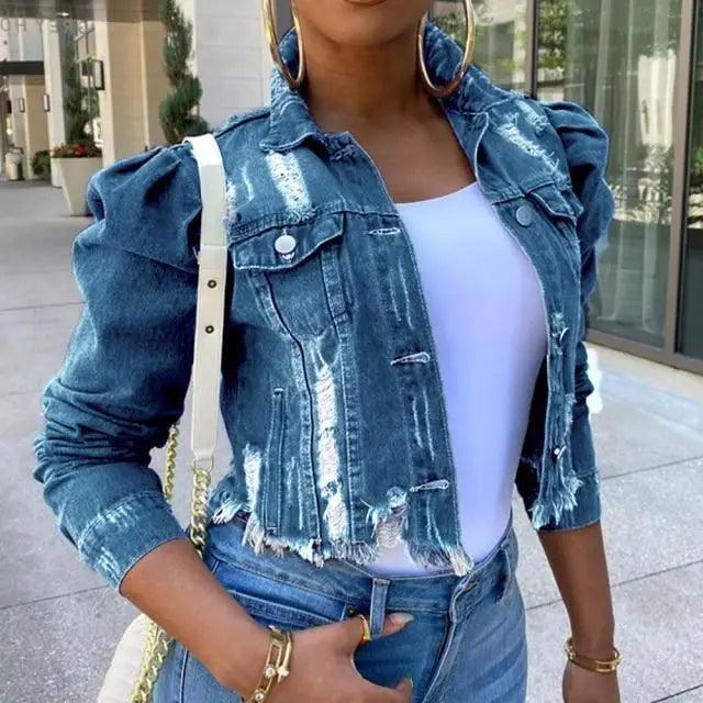 Stevvex cropped denim trucker jacket with puff sleeves and ripped details over white tee on Tampa Home & Garden Store