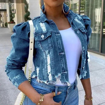 Stevvex cropped denim trucker jacket with puff sleeves and ripped details over white tee on Tampa Home & Garden Store