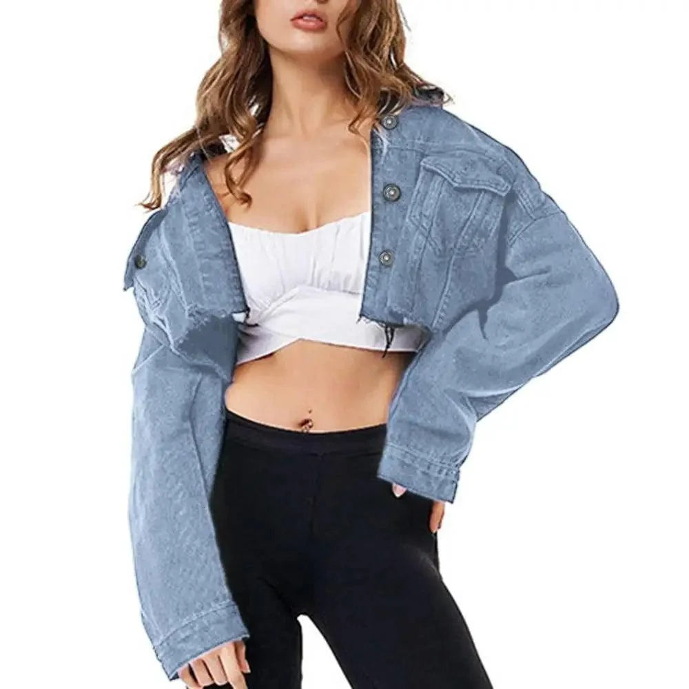 New puff-sleeve denim trucker jacket cropped light-wash by Stevvex over white crop top on Tampa Home & Garden Store