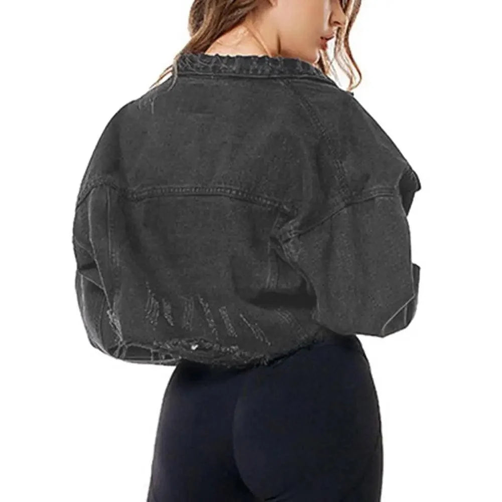 Stevvex black distressed denim trucker jacket with puff sleeves, cropped casual back view on Tampa Home & Garden Store