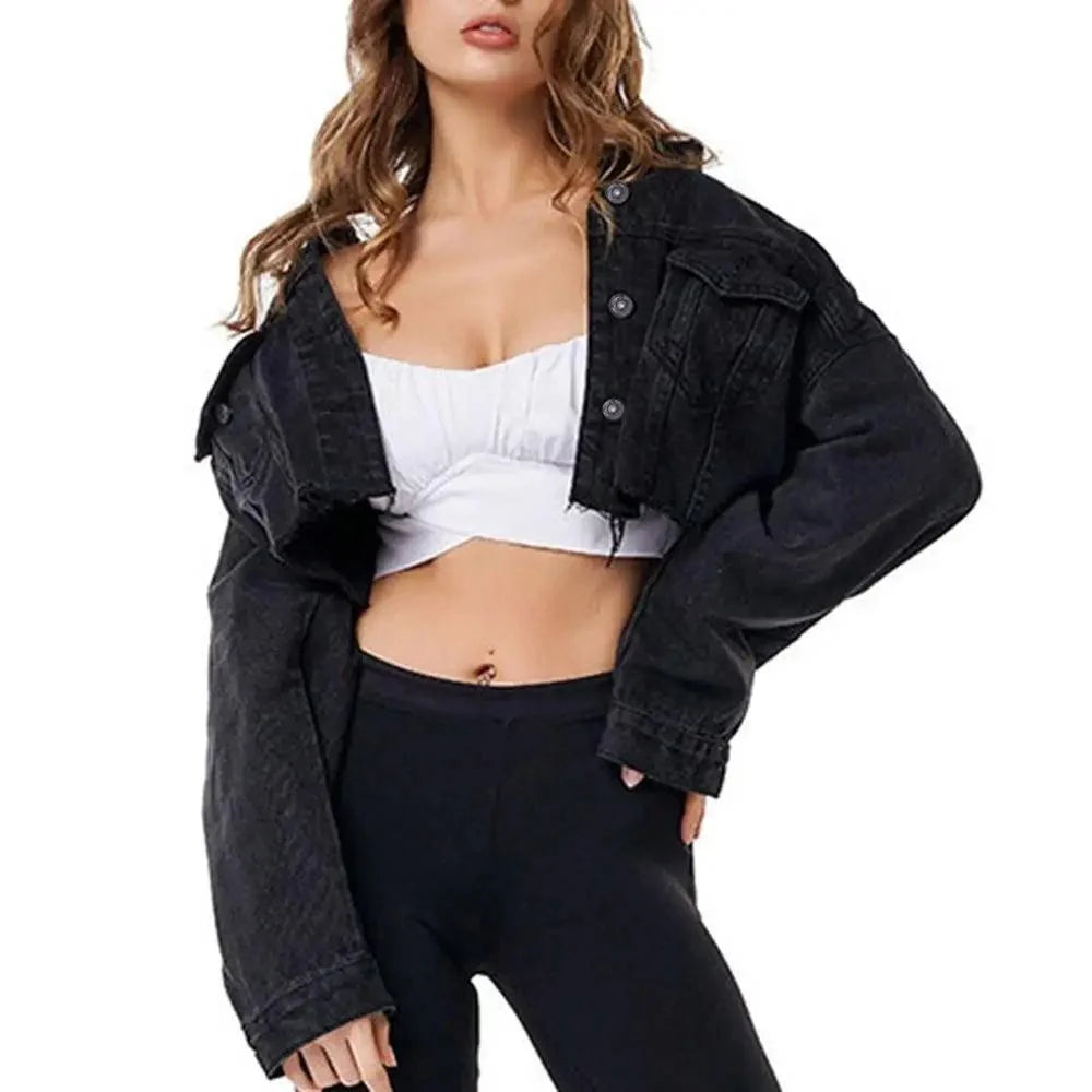 Stevvex black denim trucker jacket, oversized cropped style with puff sleeves on Tampa Home & Garden Store