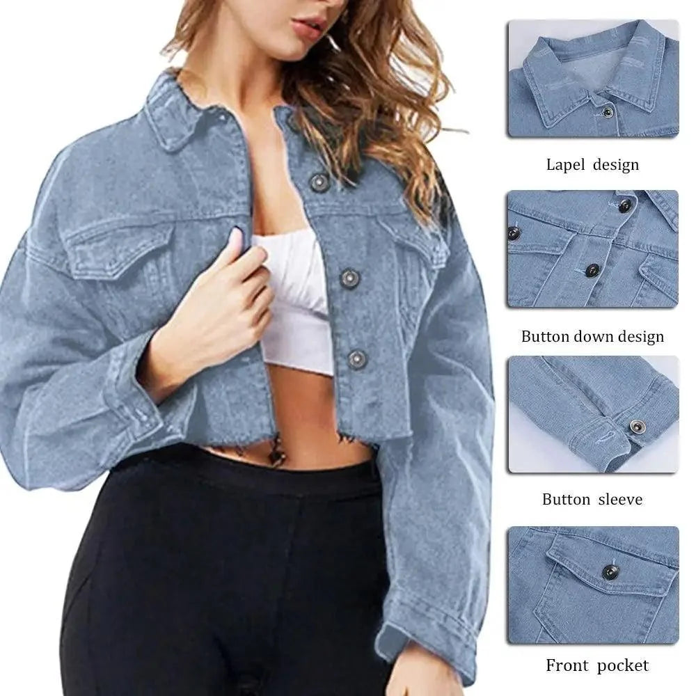 Stevvex cropped denim trucker jacket with puff sleeves in light blue wash, button front pockets on Tampa Home & Garden Store