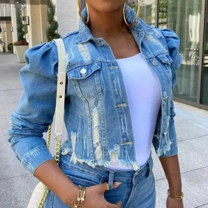 Stevvex distressed denim jacket with cropped fit and ripped panels over white tee on Tampa Home & Garden Store