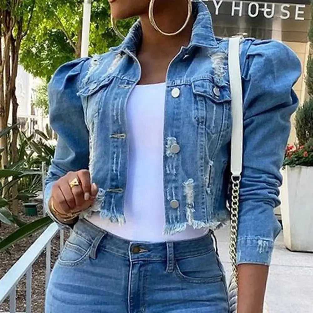 Stevvex cropped blue puff-sleeve ripped denim trucker jacket on Tampa Home & Garden Store