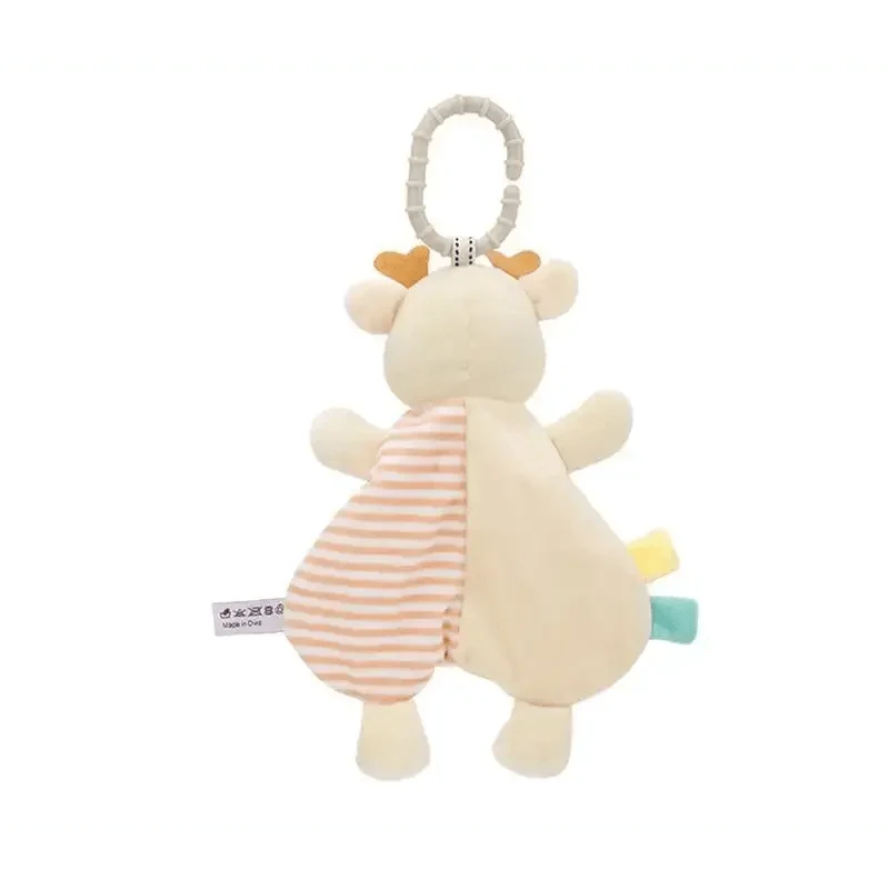Stevvex plush rabbit baby toy with striped pink panel, cream body, clip ring and colorful tabs on Tampa Home & Garden Store