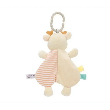 Stevvex plush rabbit baby toy with striped pink panel, cream body, clip ring and colorful tabs on Tampa Home & Garden Store