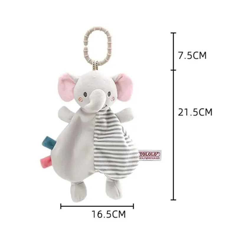 Stevvex stuffed elephant plush pacifier holder with ring clip, gray striped panel, pink ears on Tampa Home & Garden Store