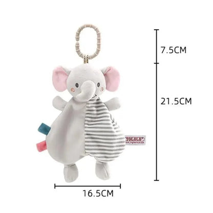 Stevvex stuffed elephant plush pacifier holder with ring clip, gray striped panel, pink ears on Tampa Home & Garden Store