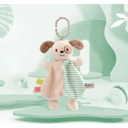 Stuffed rabbit baby toy by Stevvex with beige body and green striped blanket, hanging clip on Tampa Home & Garden Store