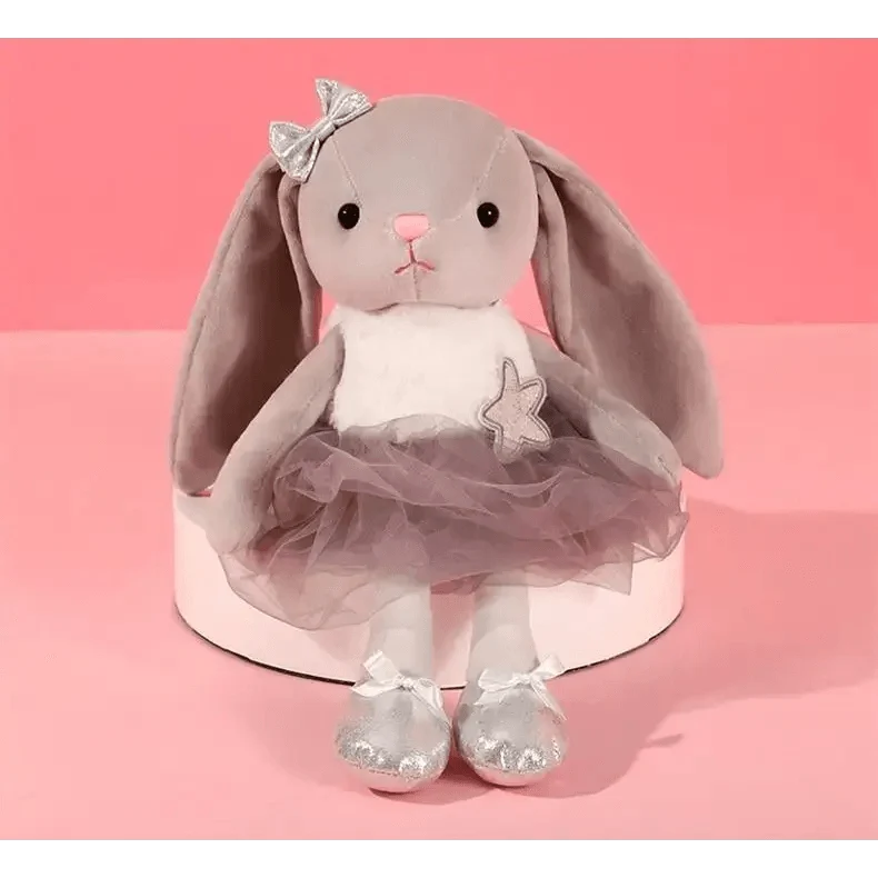 Stevvex stuffed bunny plush with grey fur, pink nose, silver bow, tutu and silver shoes on Tampa Home & Garden Store