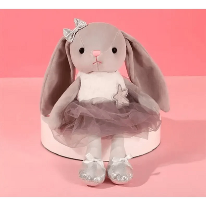 Stevvex stuffed bunny plush with grey fur, pink nose, silver bow, tutu and silver shoes on Tampa Home & Garden Store