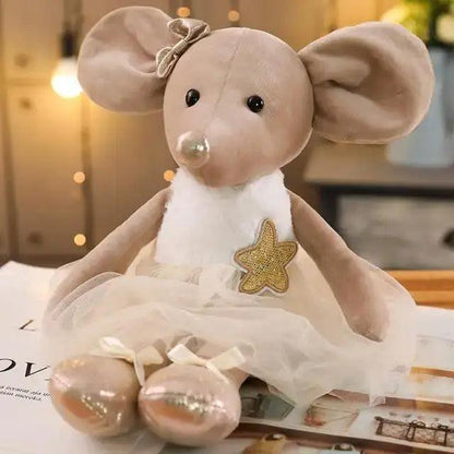 Stevvex stuffed rabbit plush with pacifier, beige fur, white tutu, star patch, shoes on Tampa Home & Garden Store