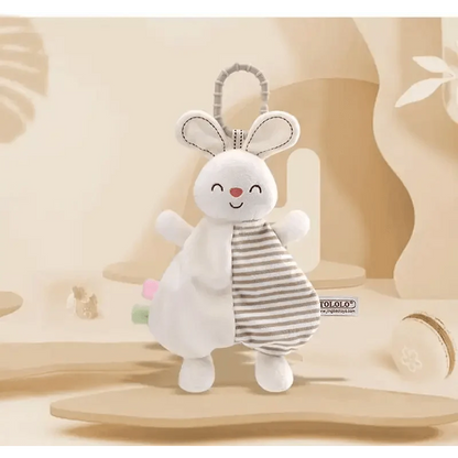Stuffed bunny plush toy with white body and gray striped fabric, pacifier clips Stevvex on Tampa Home & Garden Store