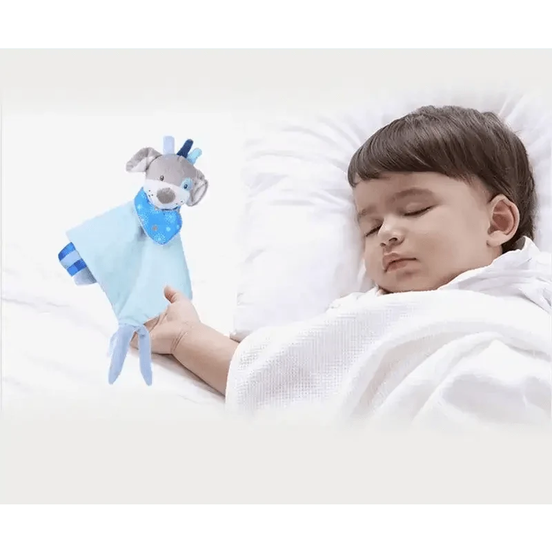 Stevvex infant stuffed rabbit plush toy, light blue body with bandana, held by baby on Tampa Home & Garden Store
