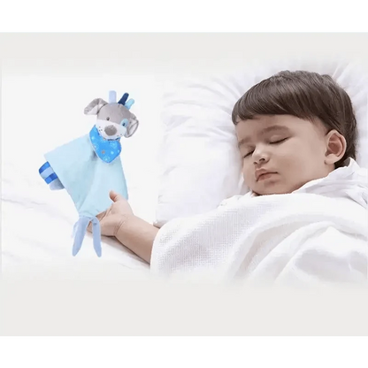 Stevvex infant stuffed rabbit plush toy, light blue body with bandana, held by baby on Tampa Home & Garden Store