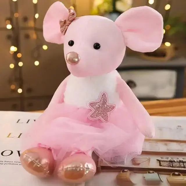 Pink plush rabbit stuffed toy for babies in soft tutu dress with star patch and bow on Tampa Home & Garden Store