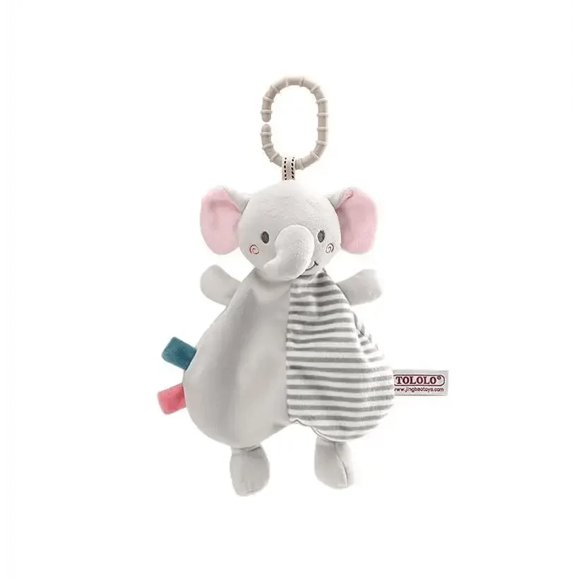Stevvex elephant plush toy with striped gray panel, pink ears and hanging ring for babies on Tampa Home & Garden Store