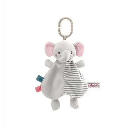 Stevvex elephant plush toy with striped gray panel, pink ears and hanging ring for babies on Tampa Home & Garden Store