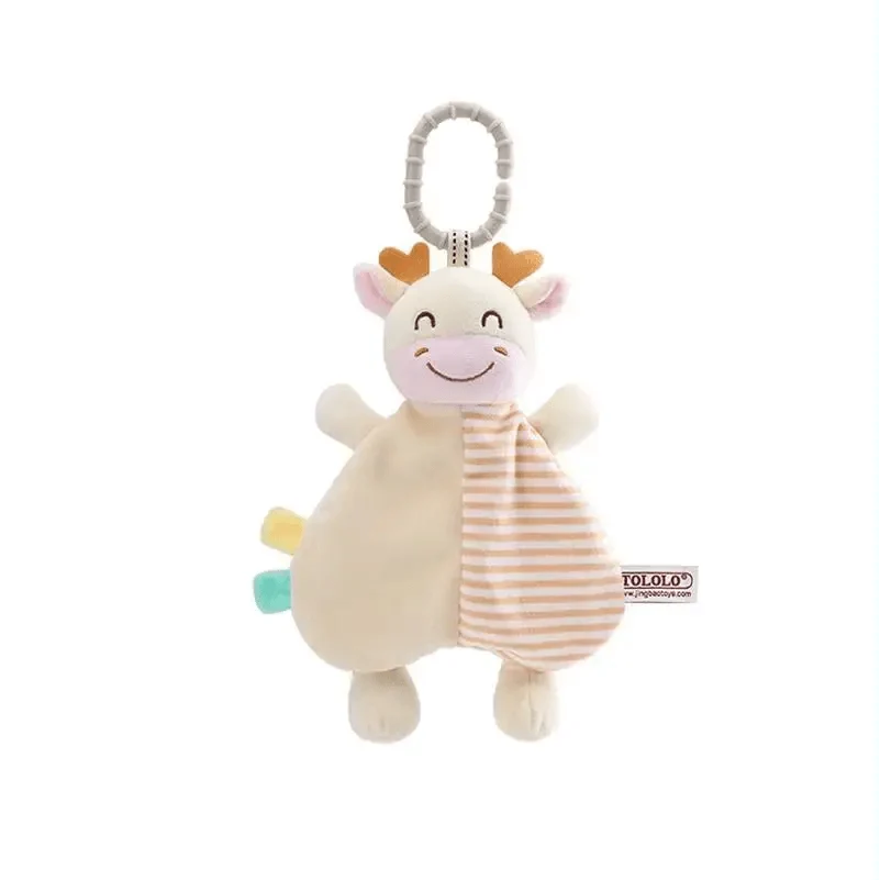 Stevvex plush animal pacifier clip toy, beige deer with striped panel and smiling face on Tampa Home & Garden Store