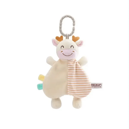 Stevvex plush animal pacifier clip toy, beige deer with striped panel and smiling face on Tampa Home & Garden Store
