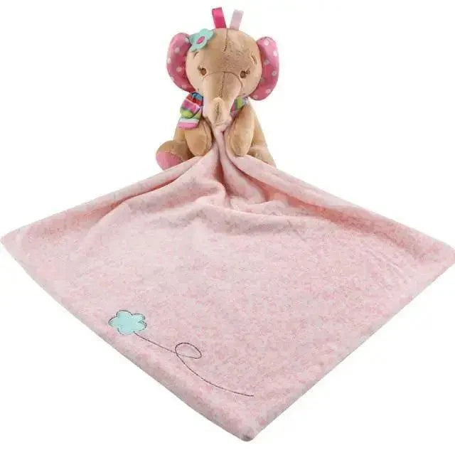 Stuffed plush elephant baby toy with pink ears on a soft pink towel blanket with cloud on Tampa Home & Garden Store