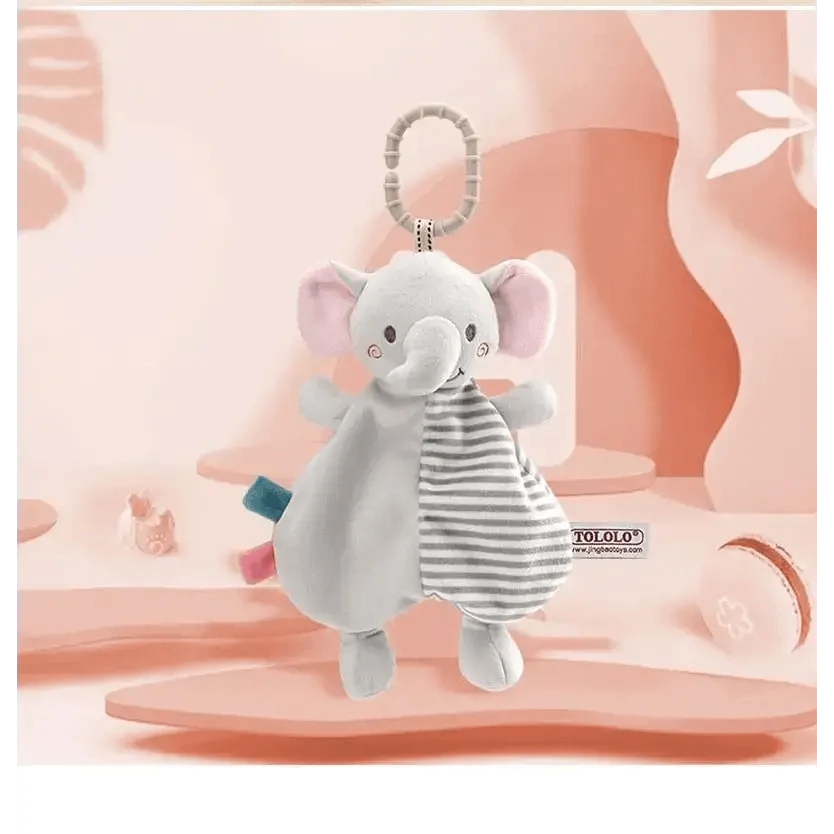 Stevvex plush elephant baby toy with striped panel, soft grey body, pink ears, hanging loop on Tampa Home & Garden Store