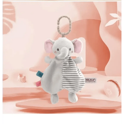 Stevvex plush elephant baby toy with striped panel, soft grey body, pink ears, hanging loop on Tampa Home & Garden Store