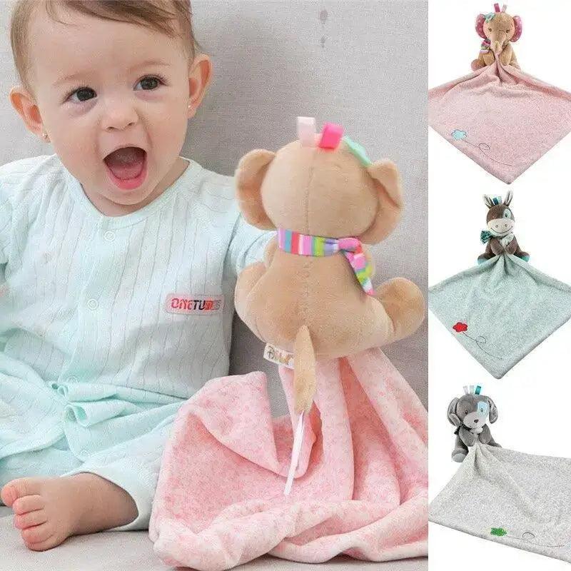 Stevvex stuffed rabbit baby toy with rainbow collar; beige plush and pink towel set on Tampa Home & Garden Store