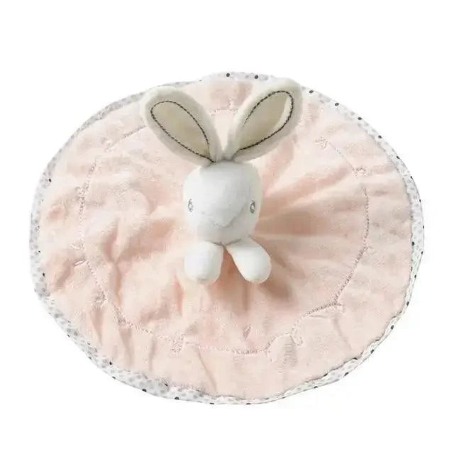Rabbit plush stuffed toy on round pink baby mat, soft plush comfort for infants on Tampa Home & Garden Store