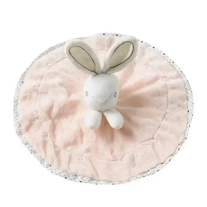Rabbit plush stuffed toy on round pink baby mat, soft plush comfort for infants on Tampa Home & Garden Store