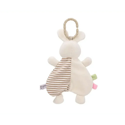 Stevvex plush rabbit stuffed toy with beige striped panel and loop ring, infant sleep aid on Tampa Home & Garden Store